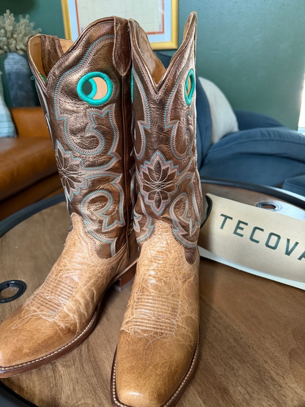 Tecovas “Marion” Brown Leather Western Boots with Copper & Turquoise Pull Tabs